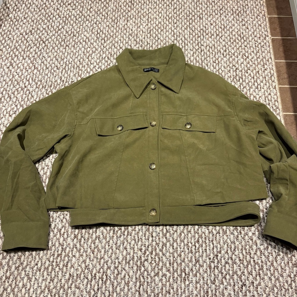 Khaki Green Crop Utility Jacket with attached Belt
